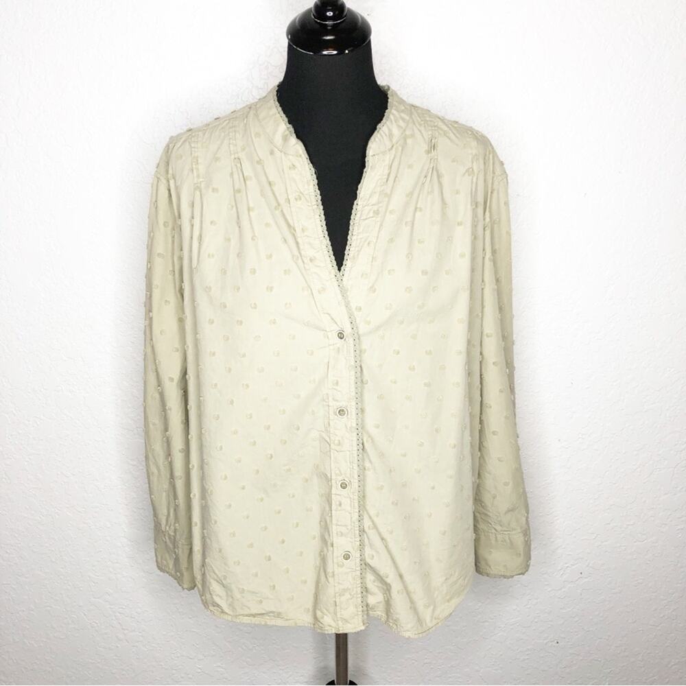 Zara sage green khaki tan swiss dot button down top size Medium cottagecore